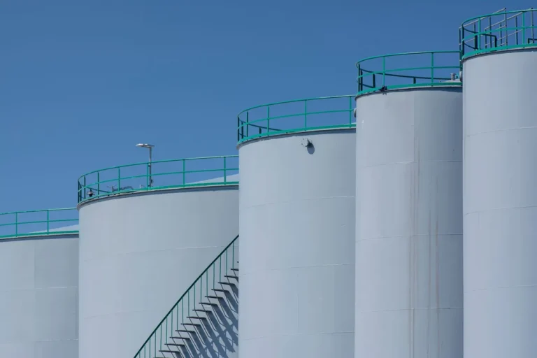 Chemical storage tanks at an industrial plant