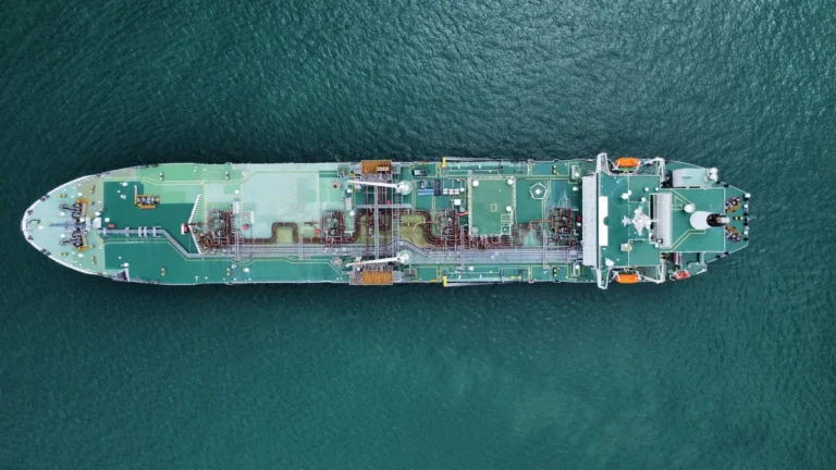 Aerial view of a tanker ship at sea