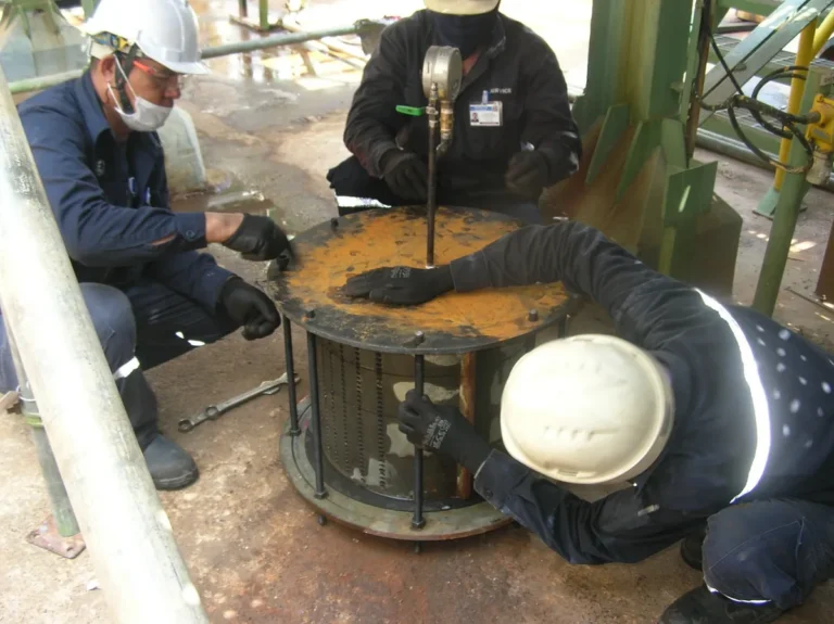 Plant Equipment technicians pressure testing a graphite heat exchanger block on site